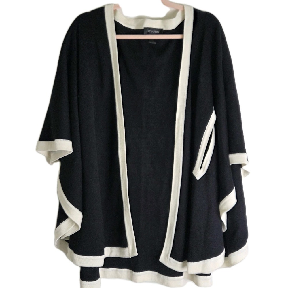 St. John Black & Cream Open Front Knit Cardigan Poncho Cape Sweater M/L